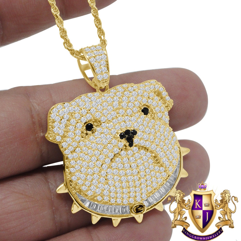 14K Gold Finish Simulated Diamond Bull Dog Custom Charm Animal Pendent Chain Set 1.75''