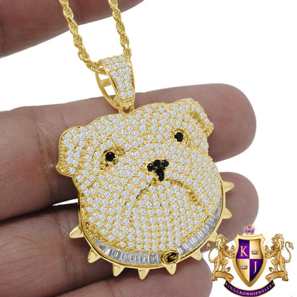 14K Gold Finish Simulated Diamond Bull Dog Custom Charm Animal Pendent Chain Set 1.75''