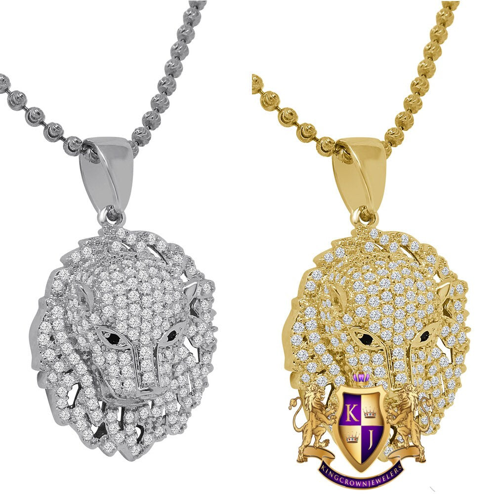 Men's 14K Gold Finish Simulated Diamond Lion Head Mini Charm Pendent Chain Set