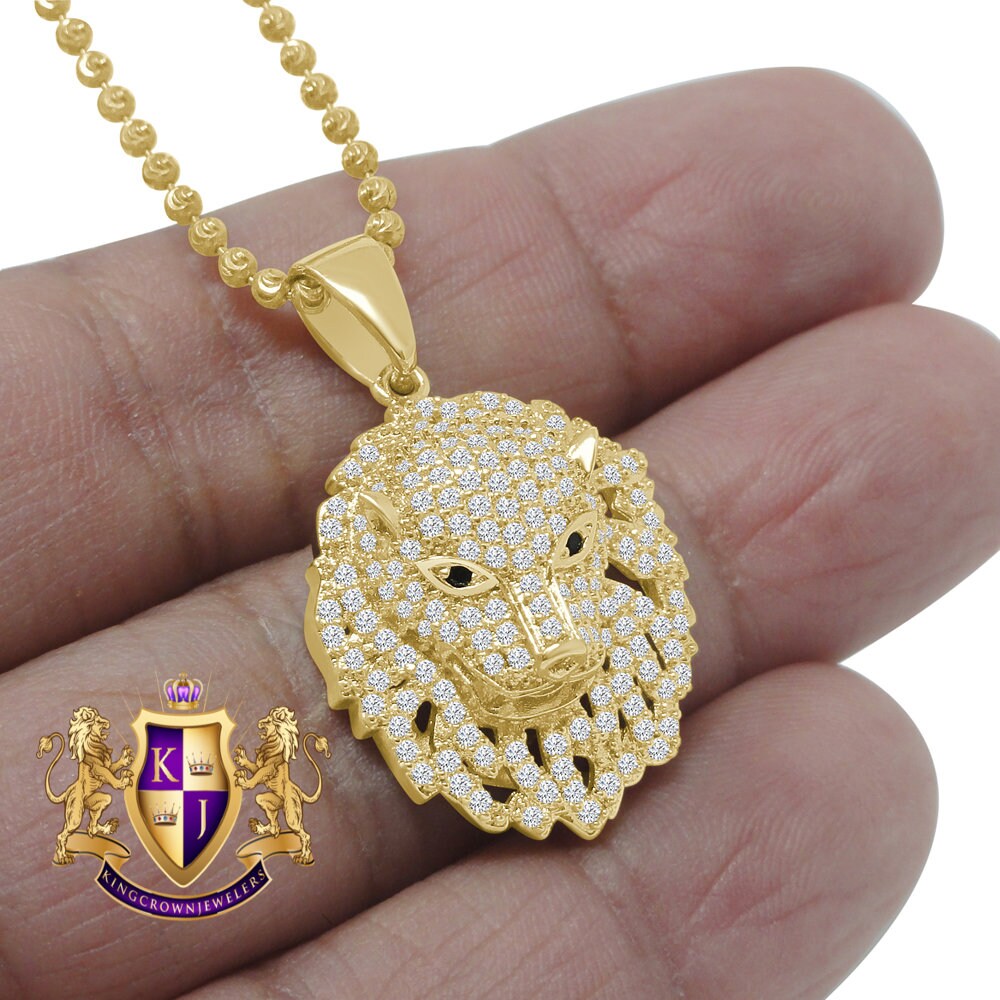 Men's 14K Gold Finish Simulated Diamond Lion Head Mini Charm Pendent Chain Set