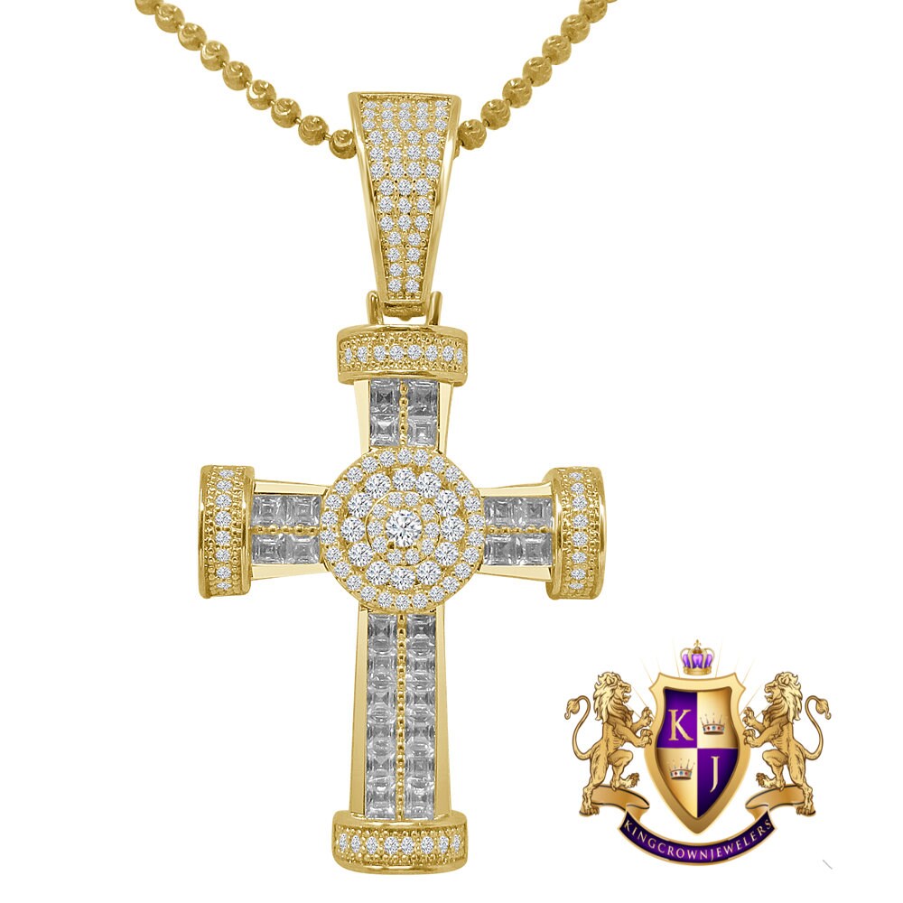 Baguette 14K Gold Finish Simulated Diamond Jesus Cross Men's Charm Pendent Chain Set
