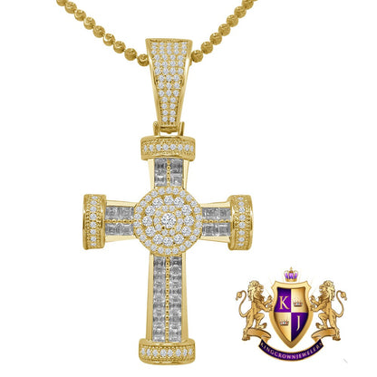 Baguette 14K Gold Finish Simulated Diamond Jesus Cross Men's Charm Pendent Chain Set