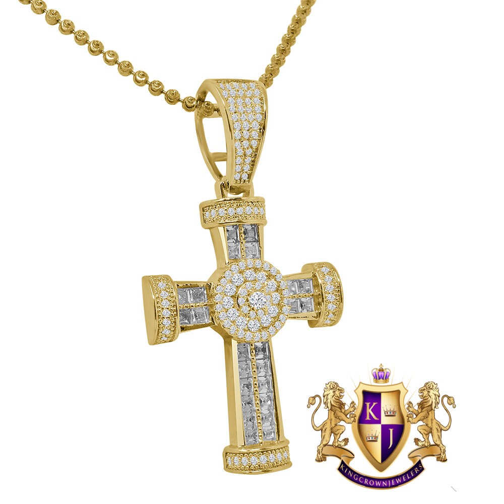 Baguette 14K Gold Finish Simulated Diamond Jesus Cross Men's Charm Pendent Chain Set