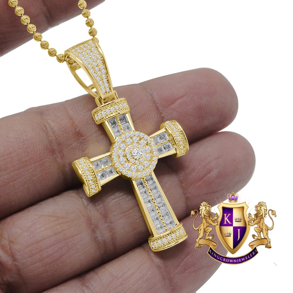 Baguette 14K Gold Finish Simulated Diamond Jesus Cross Men's Charm Pendent Chain Set