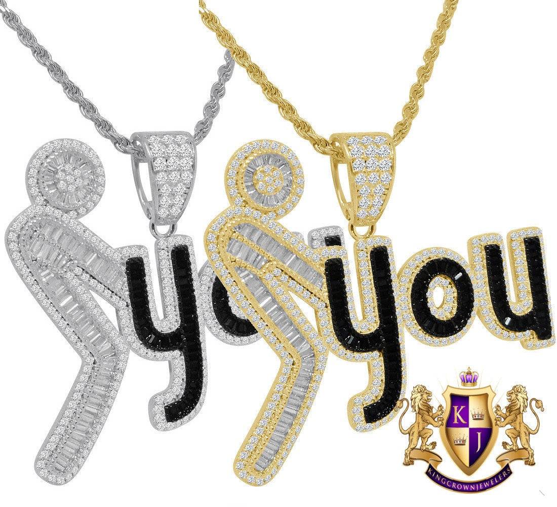 Baguette 14K Gold Finish Simulated Diamonds Men's Custom Designers Charm Pendent Chain Set