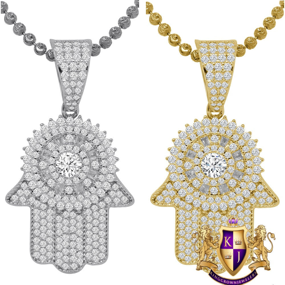 Men's 14K Gold Finish Simulated Diamond Hamsa Hand Jewish Religious Charm Mini Pendent Chain Set