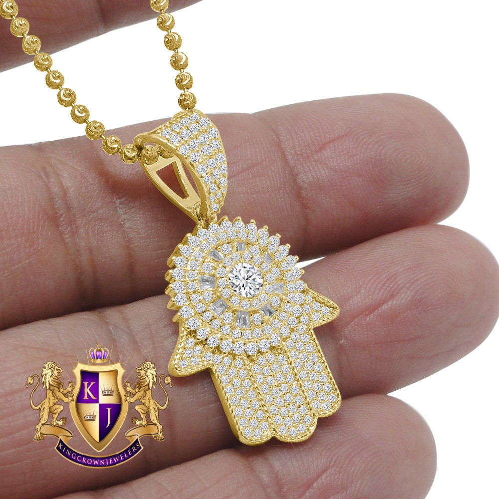 Men's 14K Gold Finish Simulated Diamond Hamsa Hand Jewish Religious Charm Mini Pendent Chain Set