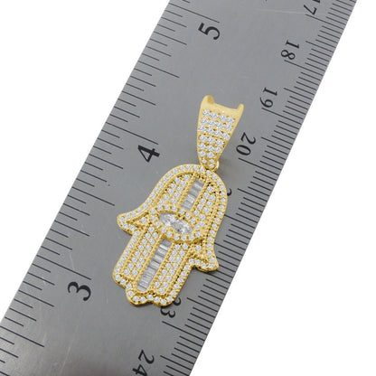Unisex 14K Gold Finish Simulated Diamond Hamsa Hand Jewish Religious Charm Mini Pendent Chain Set