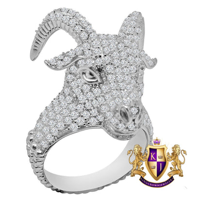 Mens 10K White Gold On Genuine Sterling Silver Simulated Diamond Buffalo Bull Head Pinky Ring Band