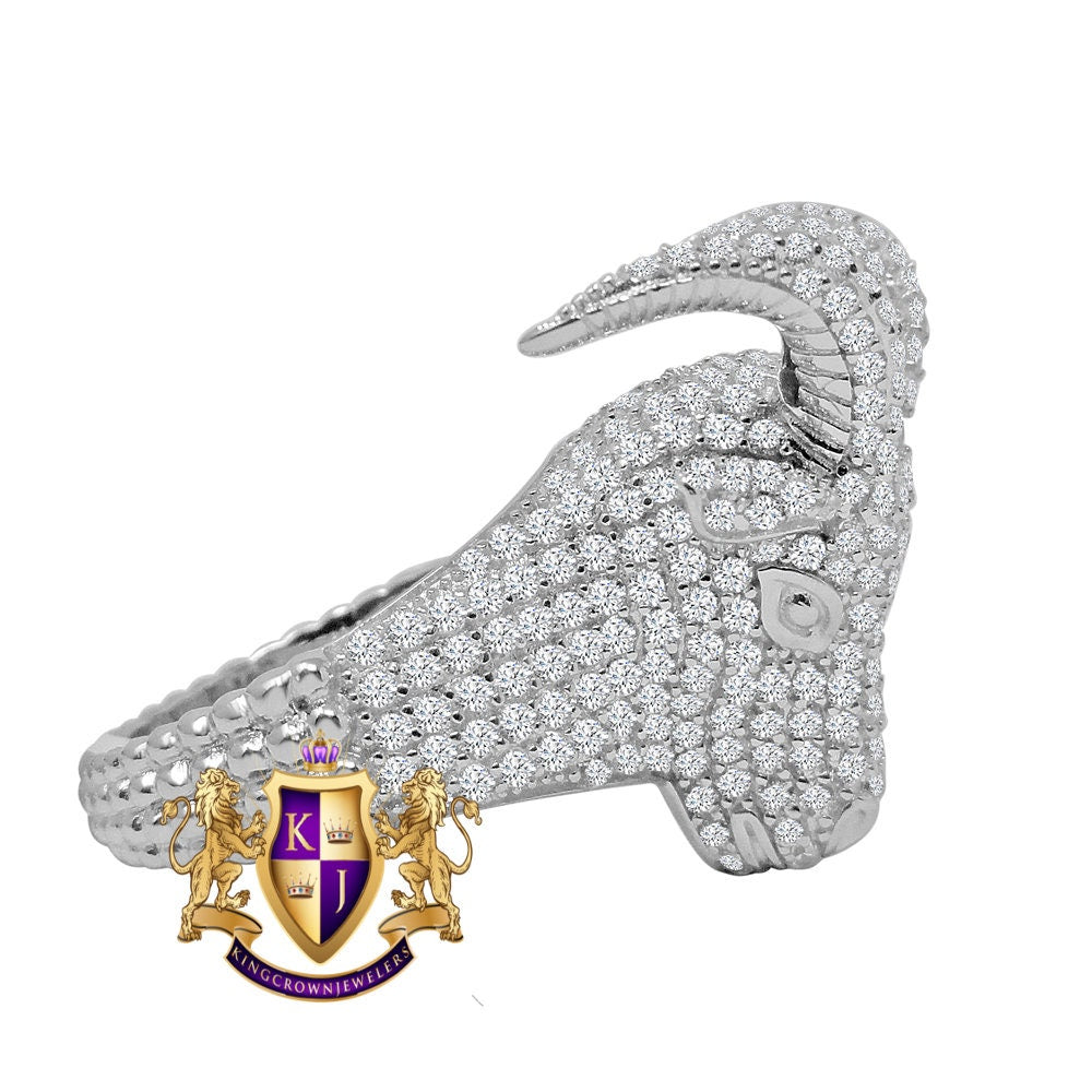 Mens 10K White Gold On Genuine Sterling Silver Simulated Diamond Buffalo Bull Head Pinky Ring Band