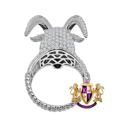 Mens 10K White Gold On Genuine Sterling Silver Simulated Diamond Buffalo Bull Head Pinky Ring Band
