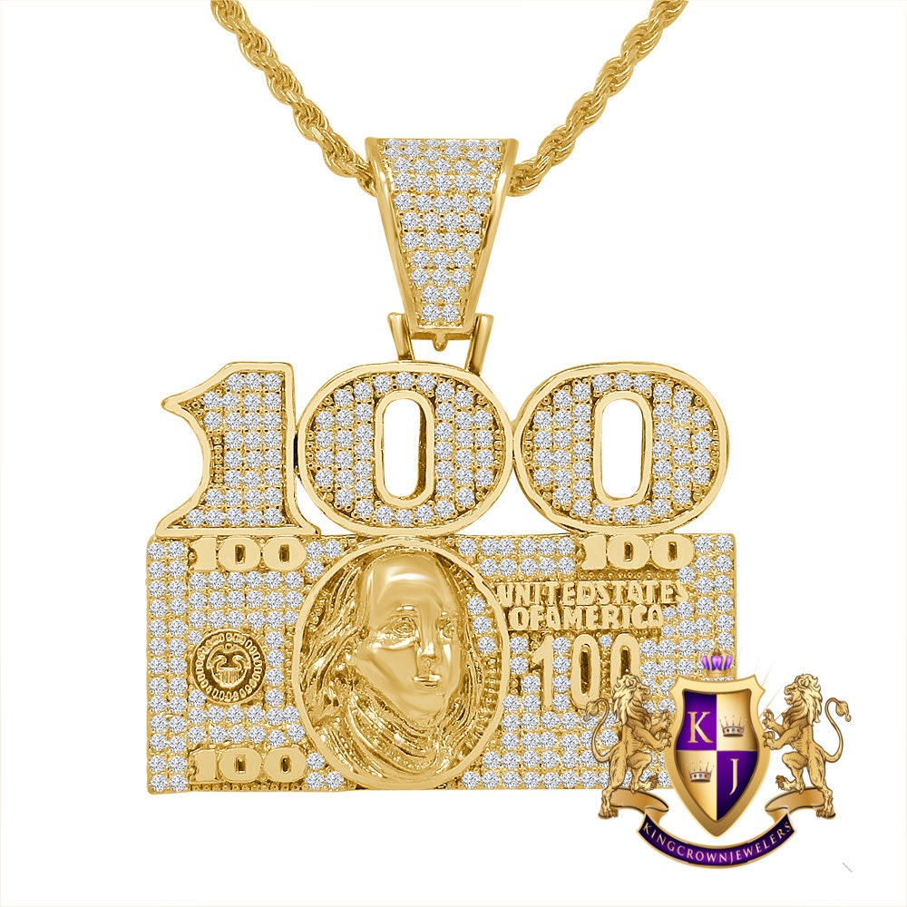 Custom Piece 14K Gold Finish Money Cash 100 Dollar Bill Men's Pendent Charm + Rope Chain