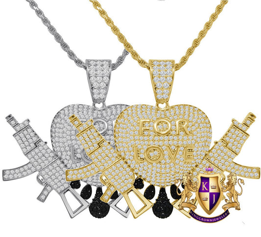 14K Yellow Gold Finish Simulated Diamond "Heart Love For "Custom Pendent Charm Rope Chain Set