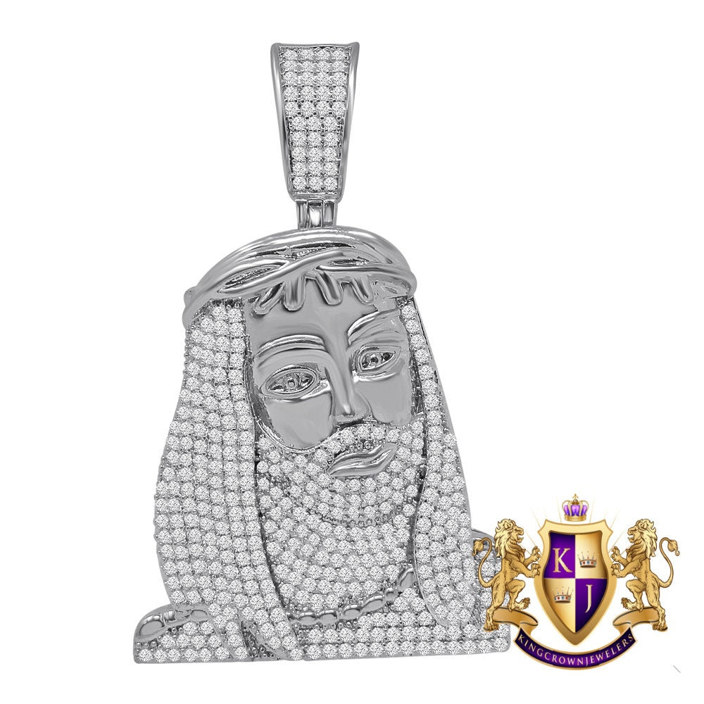 14K Yellow Gold Finish Simulated Diamond Jesus Face Piece Charm Pendant 2''
