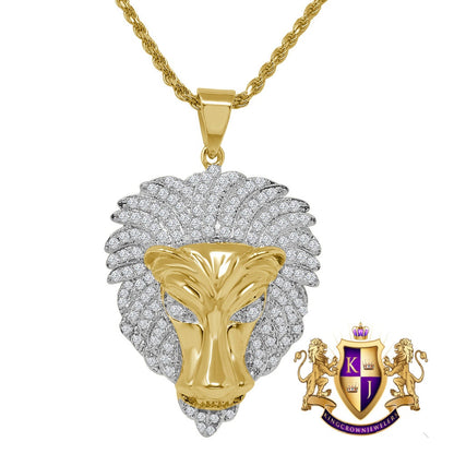 14K Yellow Gold Finish Simulated Diamond Lion Head Pendent Charm Rope Chain Set