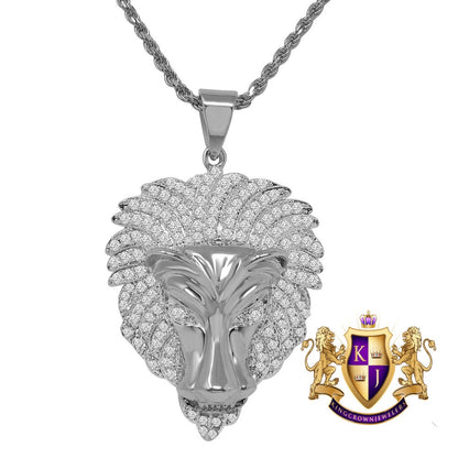 14K Yellow Gold Finish Simulated Diamond Lion Head Pendent Charm Rope Chain Set