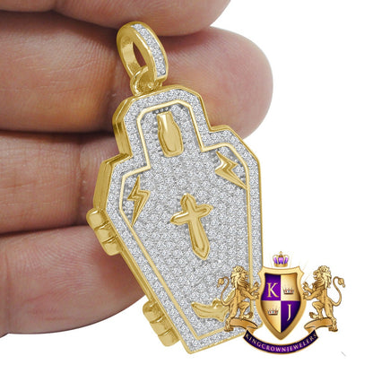 Men's 14 K Yellow Gold On Real Silver Simulated Diamond 3D Opening Coffin RIP Cross Funeral Casket Custom Charm Pendent