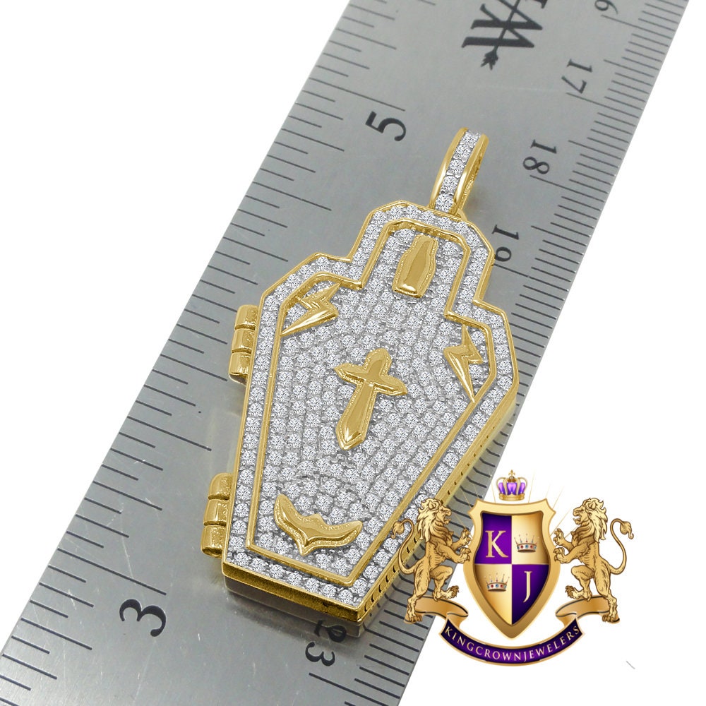 Men's 14 K Yellow Gold On Real Silver Simulated Diamond 3D Opening Coffin RIP Cross Funeral Casket Custom Charm Pendent
