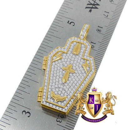Men's 14 K Yellow Gold On Real Silver Simulated Diamond 3D Opening Coffin RIP Cross Funeral Casket Custom Charm Pendent