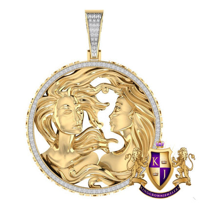 Real Genuine Authentic Diamond Gemini Twins Zodiac Lucky Sign Astrology Horoscope 3D Pendent Charm 10K Gold Finish