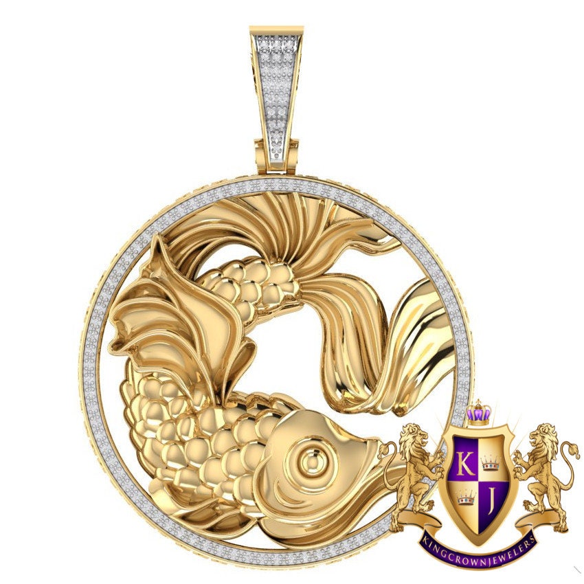 Real Genuine Authentic Diamond Pisces Fish Zodiac Lucky Sign Astrology Horoscope 3D Pendent Charm 10K Gold Finish