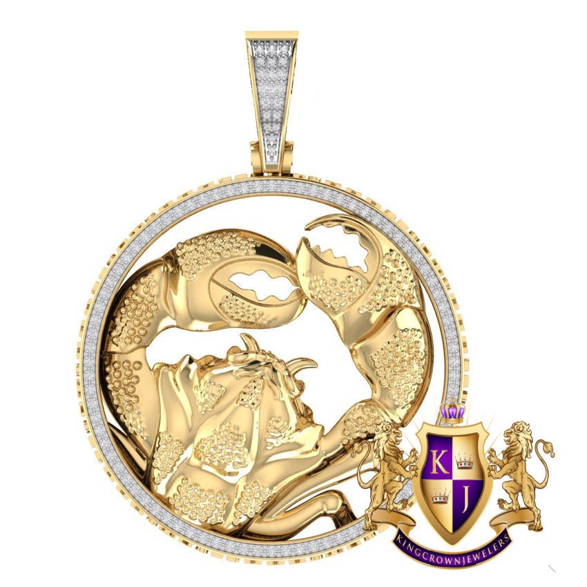 3D Real Genuine Authentic Diamond Zodiac Lucky Sign Cancer Crab Astrology Horoscope Pendant 10K Gold Over Good Luck Charm Medallion 2.25''