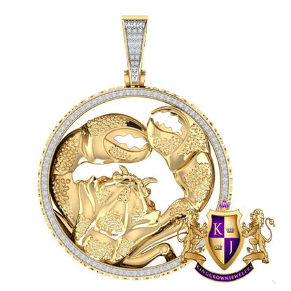 3D Real Genuine Authentic Diamond Zodiac Lucky Sign Cancer Crab Astrology Horoscope Pendant 10K Gold Over Good Luck Charm Medallion 2.25''