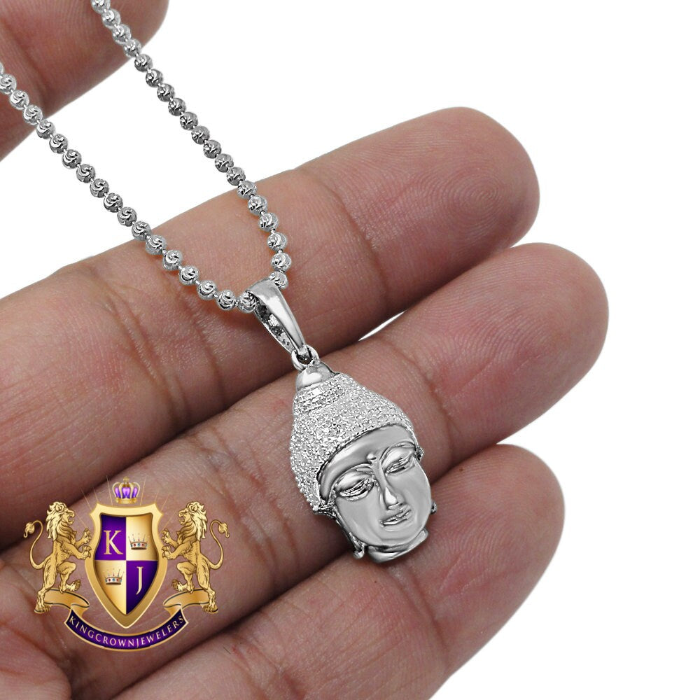 Real Genuine Authentic Diamond Gautama Buddha Religion Mini Small 1.25 " Charm Chain Set 10K White Gold Finish Pendant
