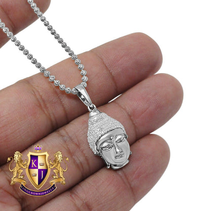 Real Genuine Authentic Diamond Gautama Buddha Religion Mini Small 1.25 " Charm Chain Set 10K White Gold Finish Pendant