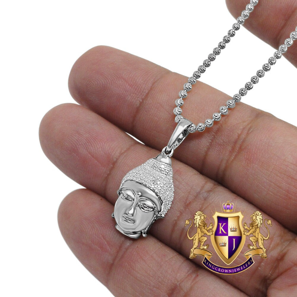 Real Genuine Authentic Diamond Gautama Buddha Religion Mini Small 1.25 " Charm Chain Set 10K White Gold Finish Pendant