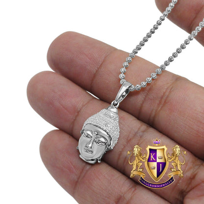 Real Genuine Authentic Diamond Gautama Buddha Religion Mini Small 1.25 " Charm Chain Set 10K White Gold Finish Pendant