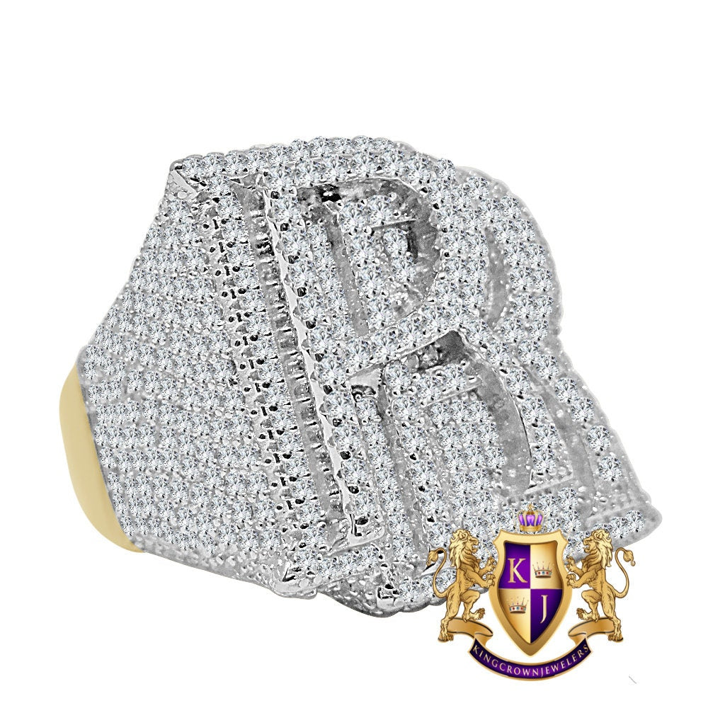 Mens Real Yellow Gold Sterling Silver "RR" Simulated Diamond Custom Luxury Car Ring Band