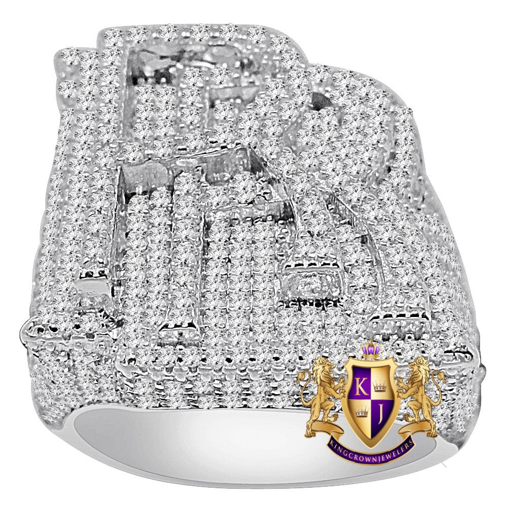 Mens Real White Gold Over Genuine Sterling Silver "RR" Simulated Diamond Custom Luxury Car Ring Band