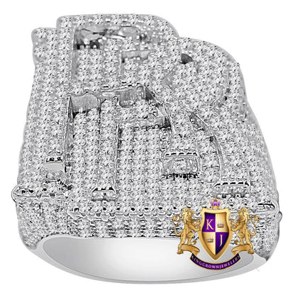 Mens Real White Gold Over Genuine Sterling Silver "RR" Simulated Diamond Custom Luxury Car Ring Band