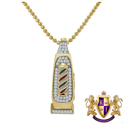 10K Gold Over Real Genuine Sterling Silver Barber Pole Clipper Simulated Diamond Mini Pendant Charm Chain Set Small 1.25"
