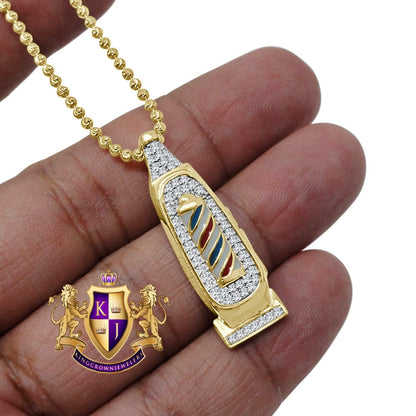 10K Gold Over Real Genuine Sterling Silver Barber Pole Clipper Simulated Diamond Mini Pendant Charm Chain Set Small 1.25"