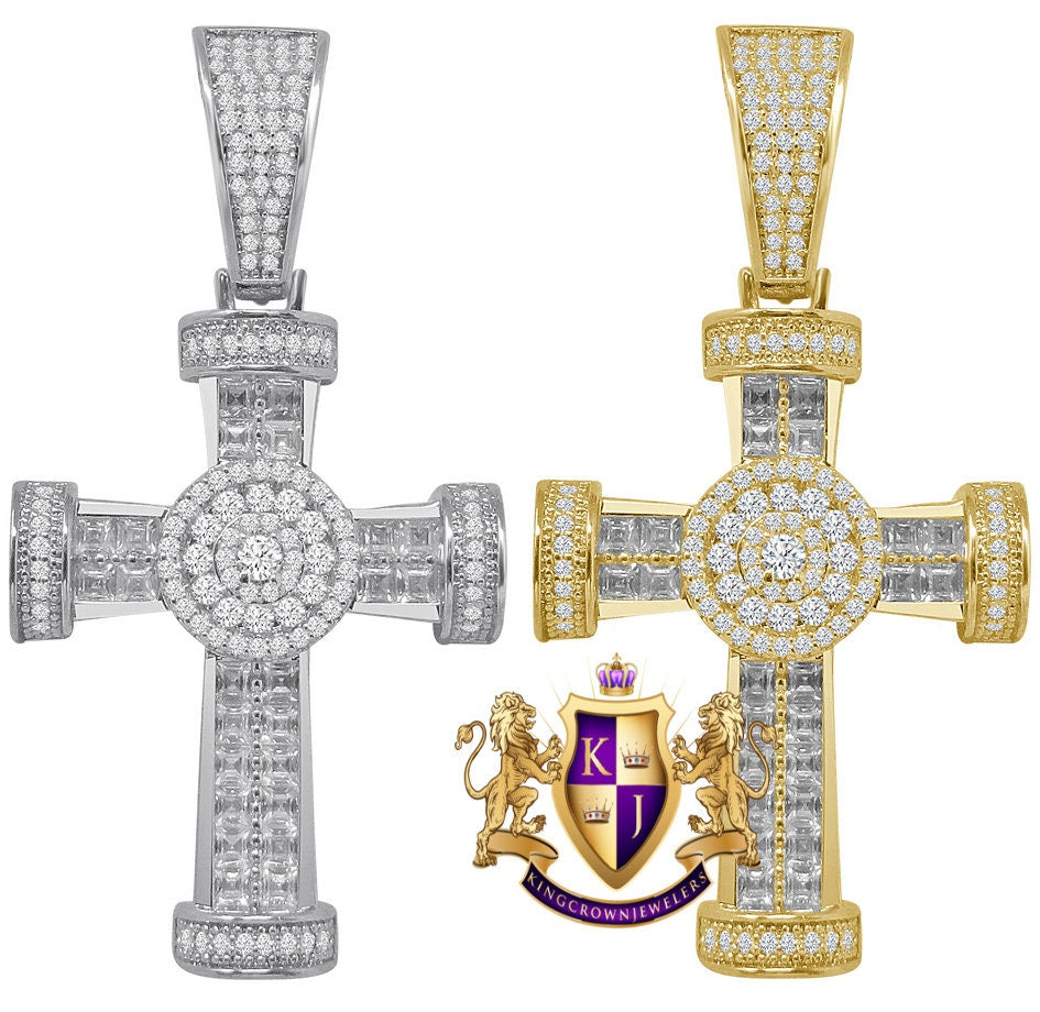 Big XL 2.55'' Baguette Real Genuine Sterling Silver Baguette Simulated Diamond Jesus Cross Pendent Charm