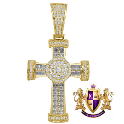 Big XL 2.55'' Baguette Real Genuine Sterling Silver Baguette Simulated Diamond Jesus Cross Pendent Charm