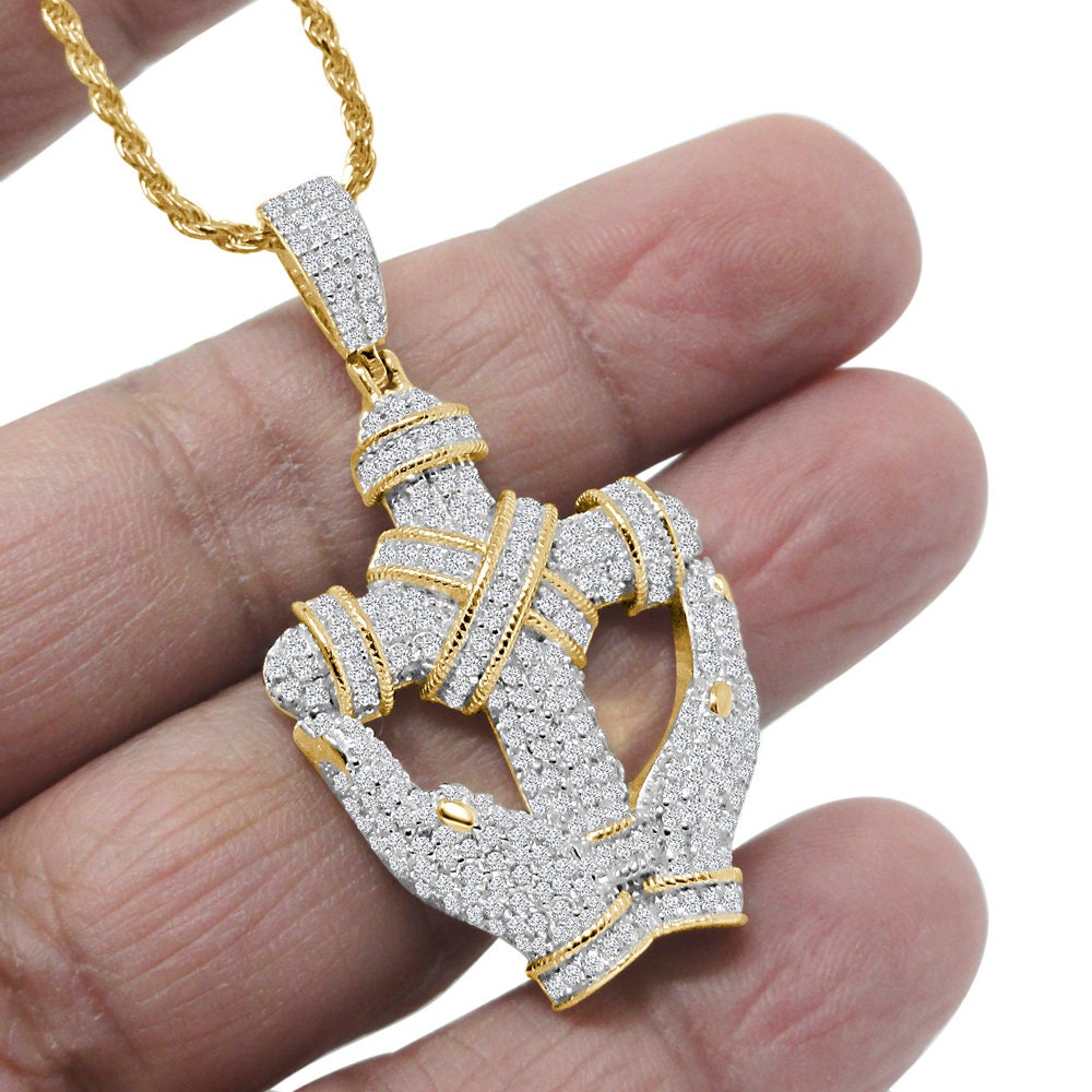Real Sterling Silver 14K Gold Finish Simulated Diamond Hands Holding Cross Charm Pendent Chain Set