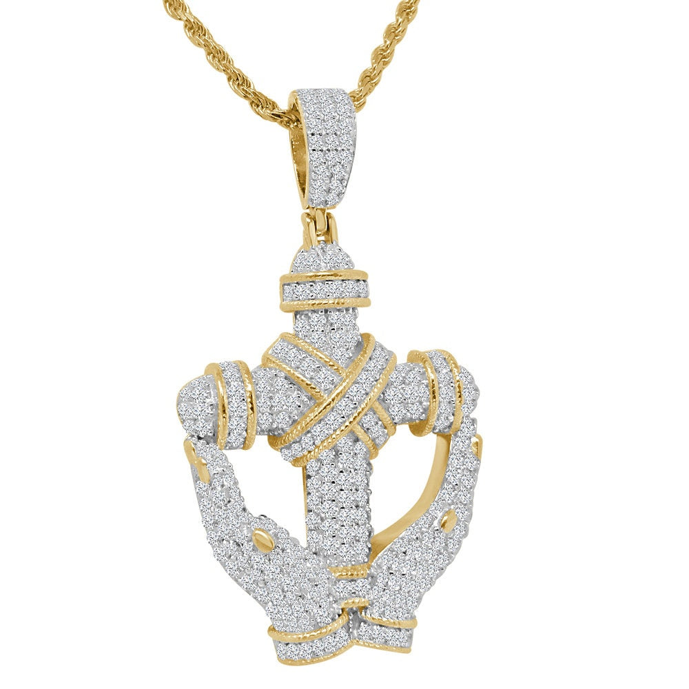 Real Sterling Silver 14K Gold Finish Simulated Diamond Hands Holding Cross Charm Pendent Chain Set