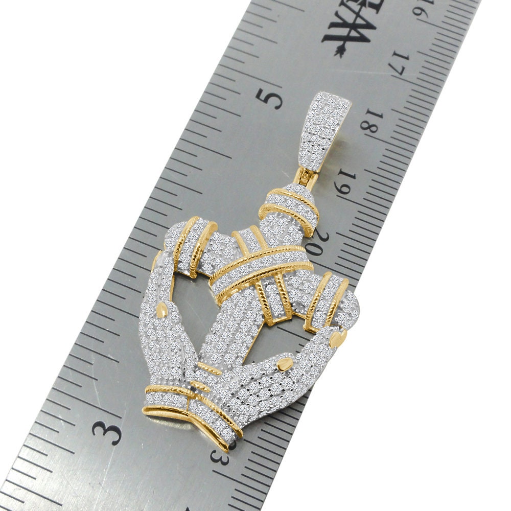 Real Sterling Silver 14K Gold Finish Simulated Diamond Hands Holding Cross Charm Pendent Chain Set