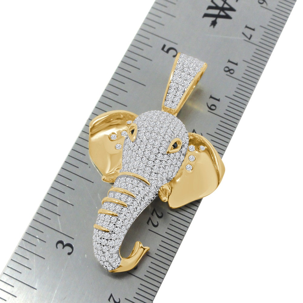 Real Genuine Sterling Silver Gold Finish Simulated Diamond Good Luck Elephant Head Charm Pendent + Chain