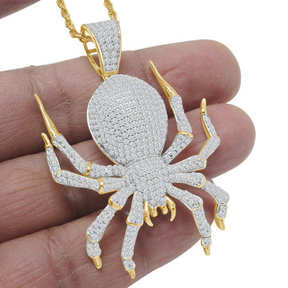 24+ Grams Real Italian Sterling Silver 14K Gold Finish 2.00 Ct. Simulated Diamond Spider Crab Zodiac Cancer Charm Pendent Chain Neckless Set
