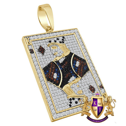 Real Sterling Silver Men's 10K Yellow Gold Over Simulated Diamond King Card Poker Piece Pendant Charm + Free Chain