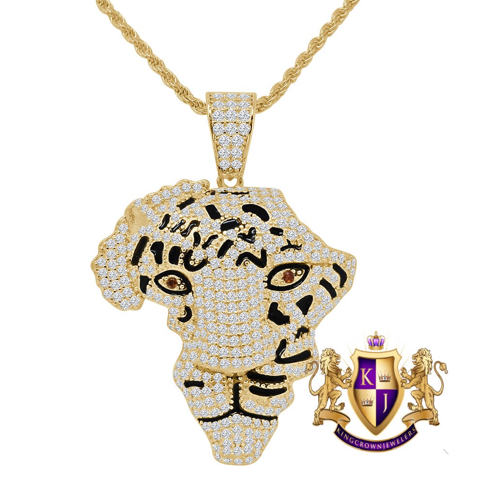 14K Gold Finish Lion Face Africa Map Created Emerald Eyes Animal Pendant Charm Chain Set