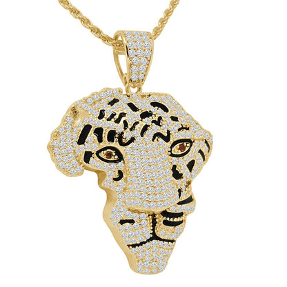 22+ Grams Real Genuine Sterling Silver 3.65 Cwt. Simulated Diamond Lion Face Africa Map Emerald Eyes Animal Pendant Charm Chain Neckless Set