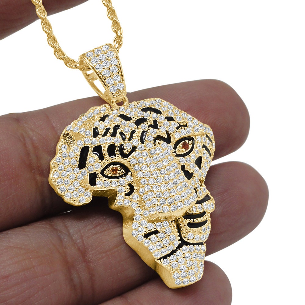 22+ Grams Real Genuine Sterling Silver 3.65 Cwt. Simulated Diamond Lion Face Africa Map Emerald Eyes Animal Pendant Charm Chain Neckless Set