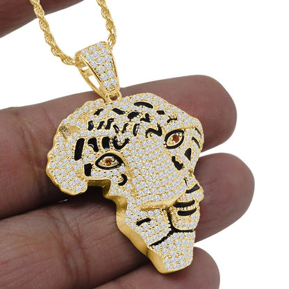 22+ Grams Real Genuine Sterling Silver 3.65 Cwt. Simulated Diamond Lion Face Africa Map Emerald Eyes Animal Pendant Charm Chain Neckless Set