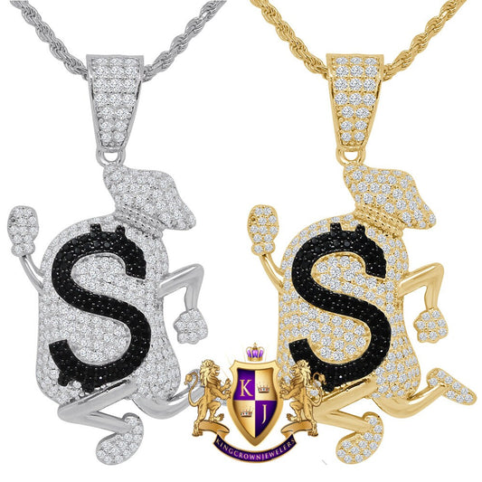 Real Sterling Silver 14K Gold Tone Dollar Logo Running Money Bag Emoji Pendant Charm + Chain