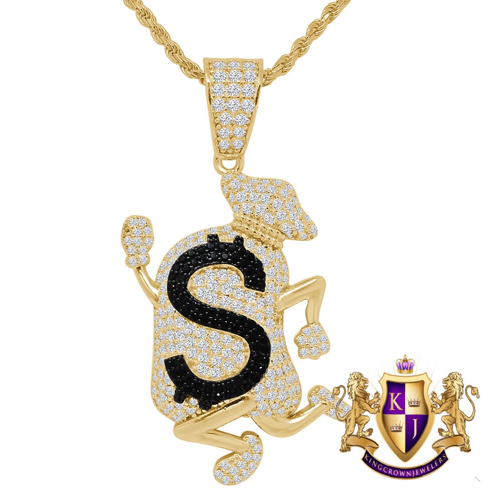 Real Sterling Silver 14K Gold Tone Dollar Logo Running Money Bag Emoji Pendant Charm + Chain